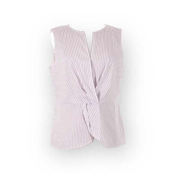 new St John ❉ Pinstripe Twist Front Sleeveless Surplice Top ❉ Orchid Stripe ❉ M - Picture 3 of 16